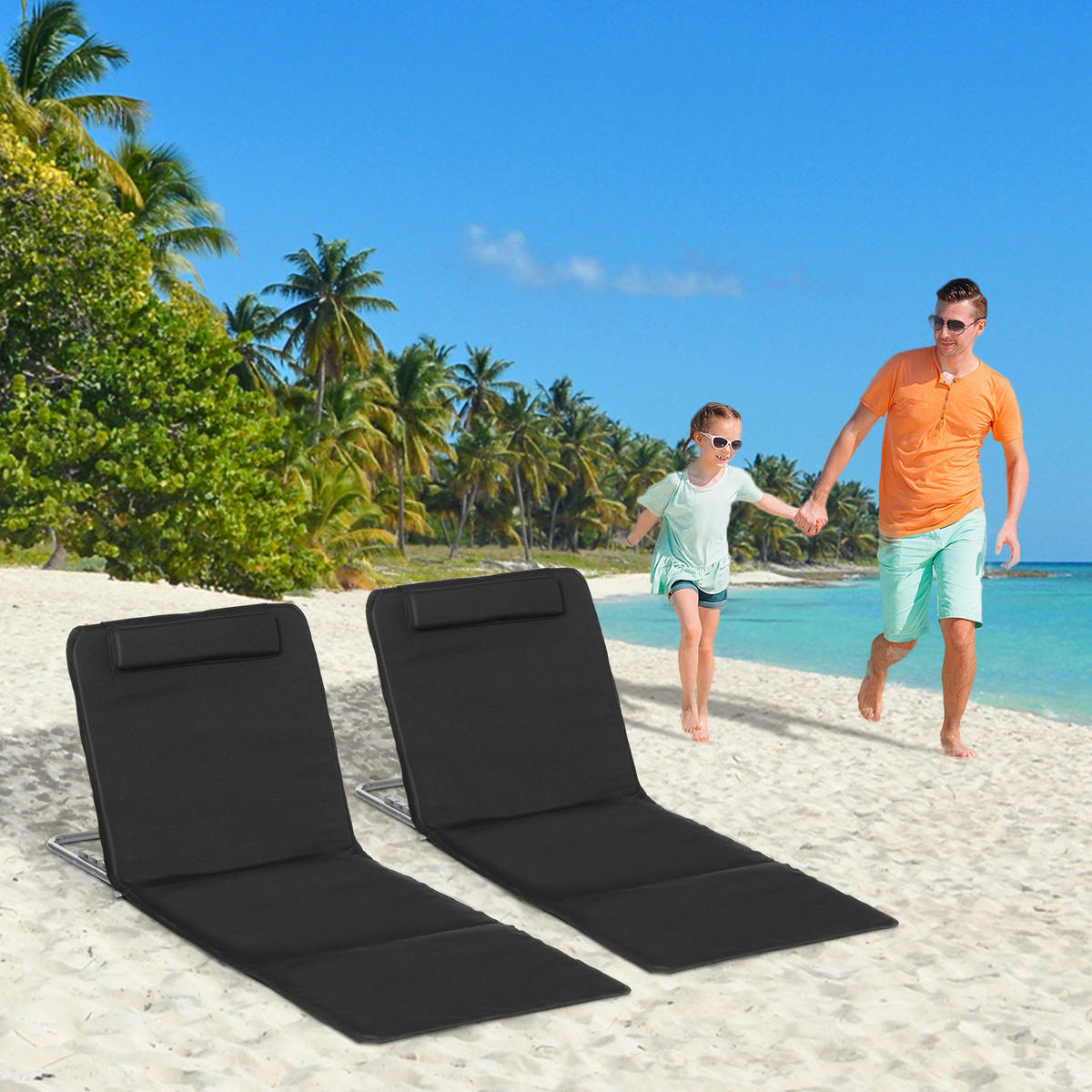 STRANDLIEGE Sonnenliege Gartenliege, klappbar, verstellbare Rücklehne, Seitentasche, 48 cm x 134 cm x 33-43 cm, Schwarz - Schwarz, Metall (134/43/48cm)