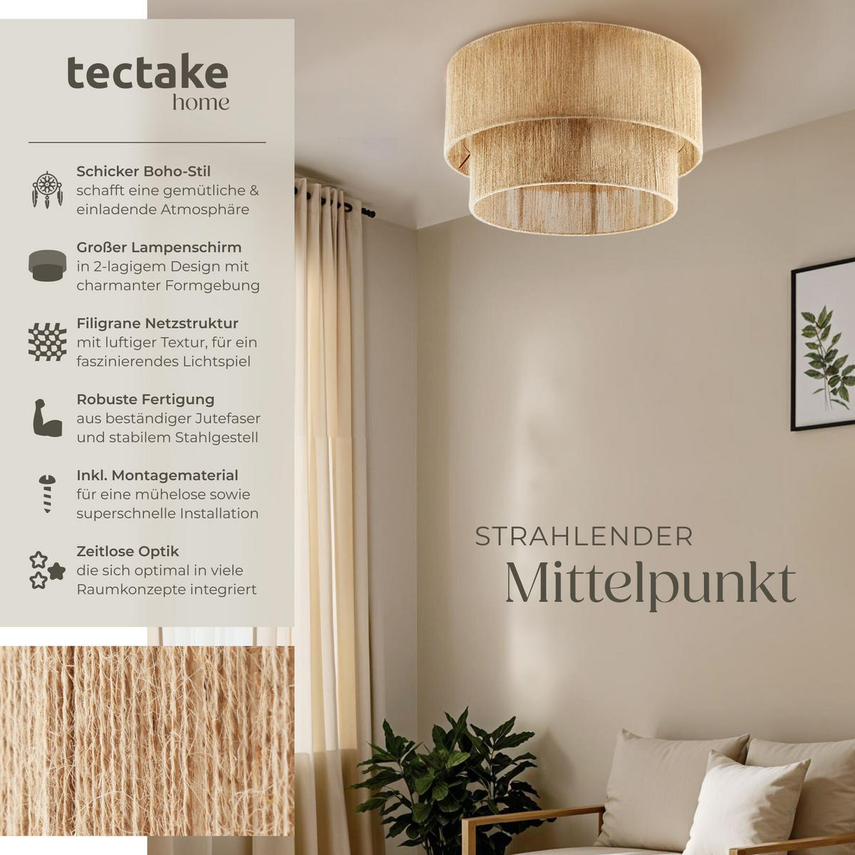 DECKENLEUCHTE Lignea Lux Aus Jute , 45 x 25 cm , braun - Braun, Metall (45/45/27.5cm) - tectake