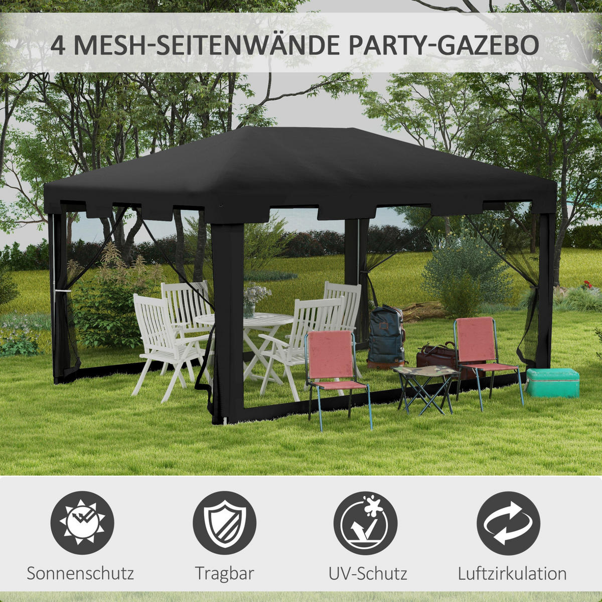 PAVILLONS aus Metall 395x295x255 cm in Dunkelgrau mit Moskitonetz-Seitenwänden - Dunkelgrau, Metall (295/255/395cm) - Modfu