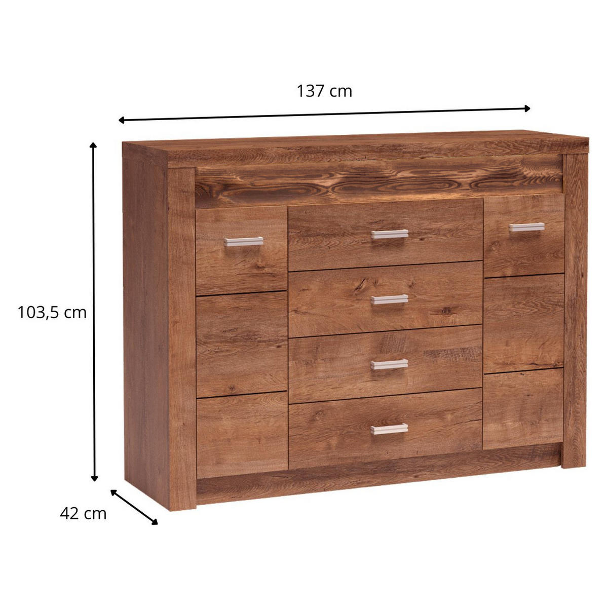 KOMMODE Indianapolis I-7 137 x 103,5 x 42 cm Esche hell - Braun, Holzwerkstoff/Metall (137/103.5/42cm) - Koseto