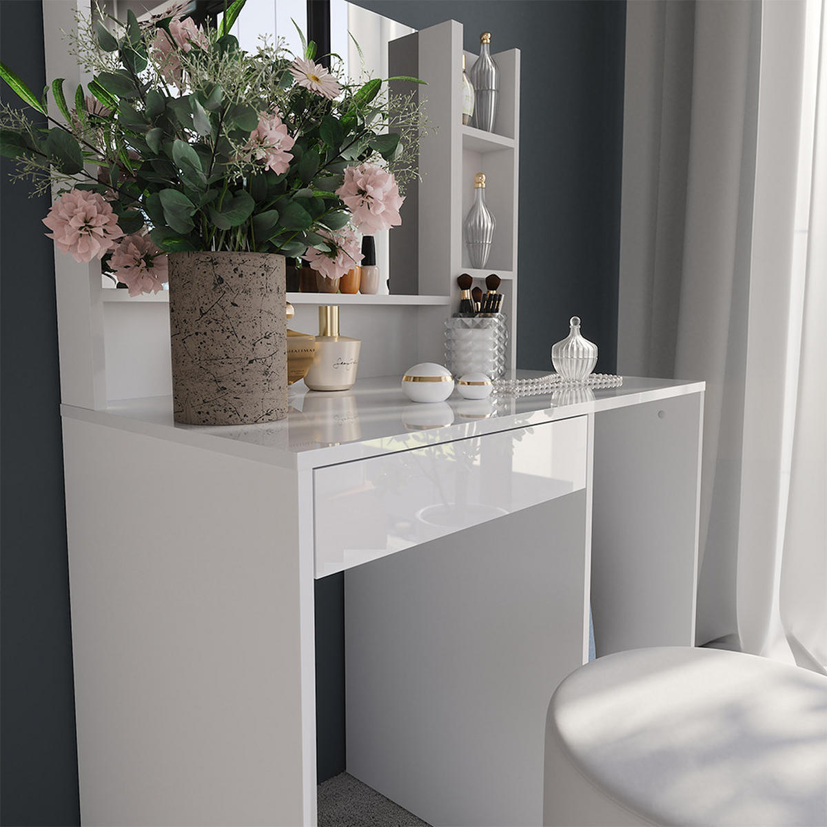 SCHMINKTISCH Sherry Weiß/Weiß Hochglanz 89.8 cm 4 Teile - Weiß Hochglanz, Holzwerkstoff (50.1cm) - Vicco