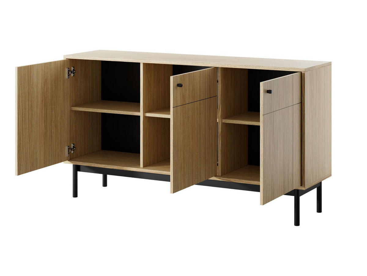 KOMMODE Panda Hellbraun, Schwarze Beine, Dreitürige mit Schubladen - Hellbraun/Schwarz, Holzwerkstoff (154/84/39cm) - Bettso