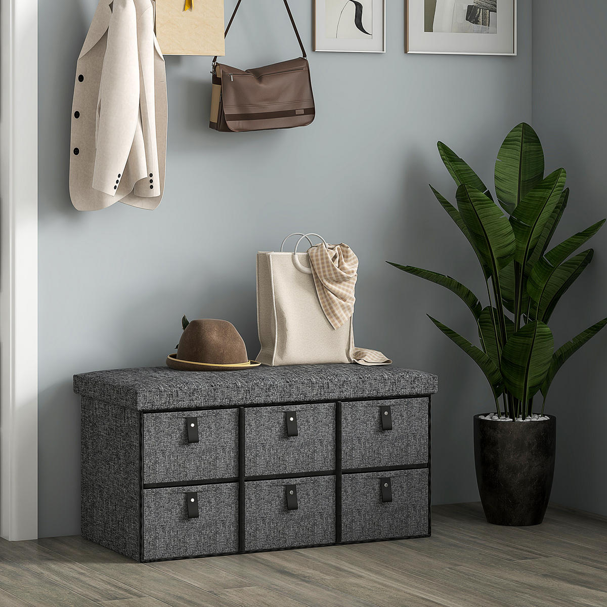 SCHUHBANK mit 6 Boxen, Dunkelgrau, 76,5 x 38 x 38 cm - Dunkelgrau, Textil (76.5/38/38cm) - HOMCOM