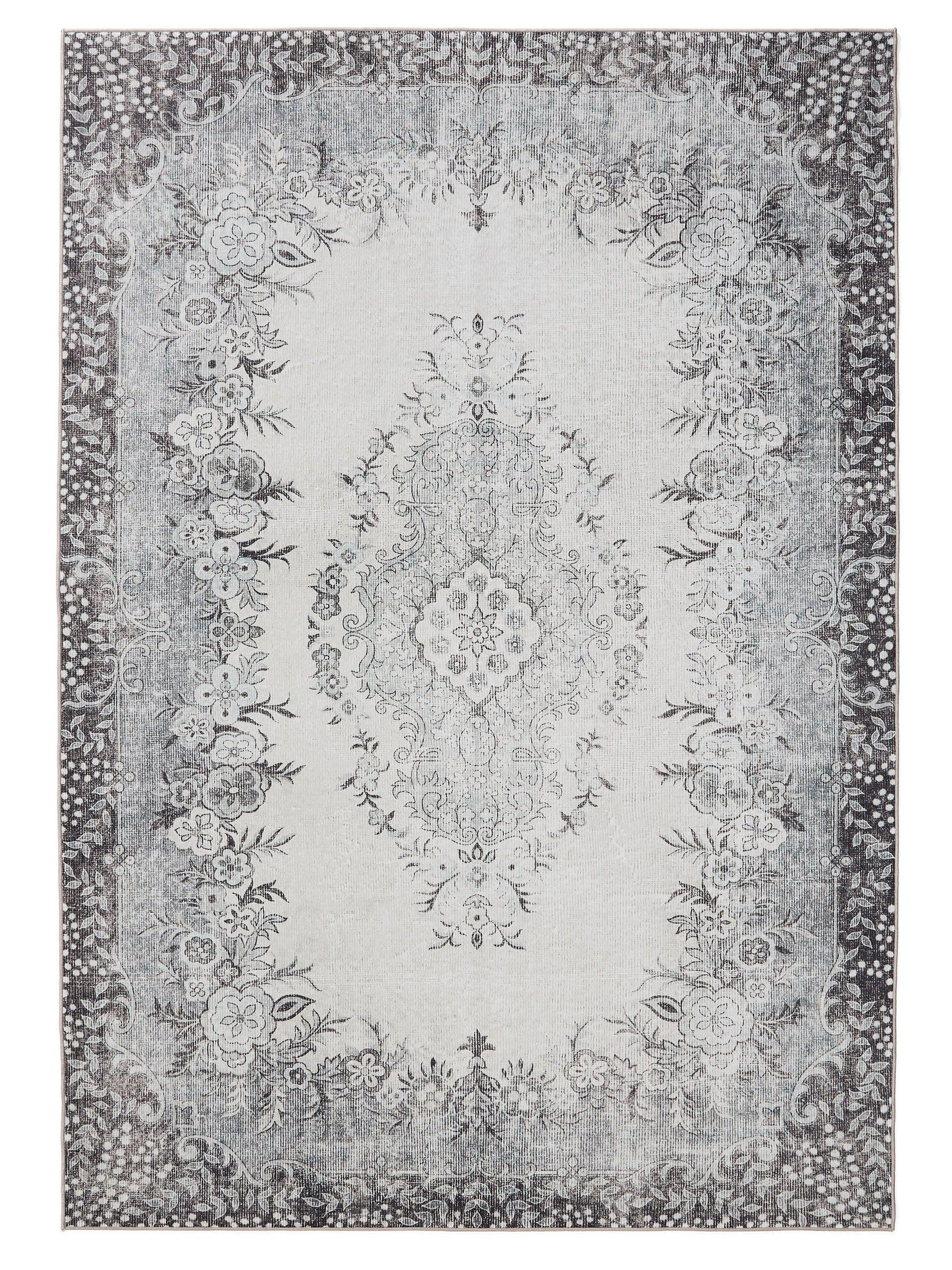 Siiloom Vintage Teppich – 91x152 Cm, Grau, Blumenmuster, Maschinenwaschbar