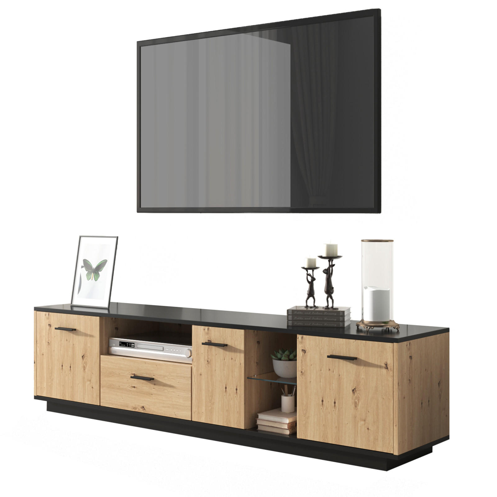 TV Lowboard LED, 3 Türen, 2 offene Fächer, Schwarz Natur - Schwarz, Holz (180/50/40cm)