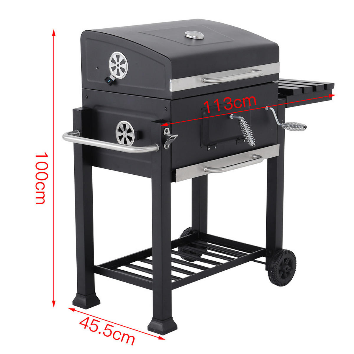 HOLZKOHLEGRILL mit 2 Edelstahl-Grillroste und Rollen aus Eisen in Schwarz pulverbeschichtet rostbeständig 78 x 54 x 32 cm - Schwarz, Metall (45/100/113cm) - Livingandhome