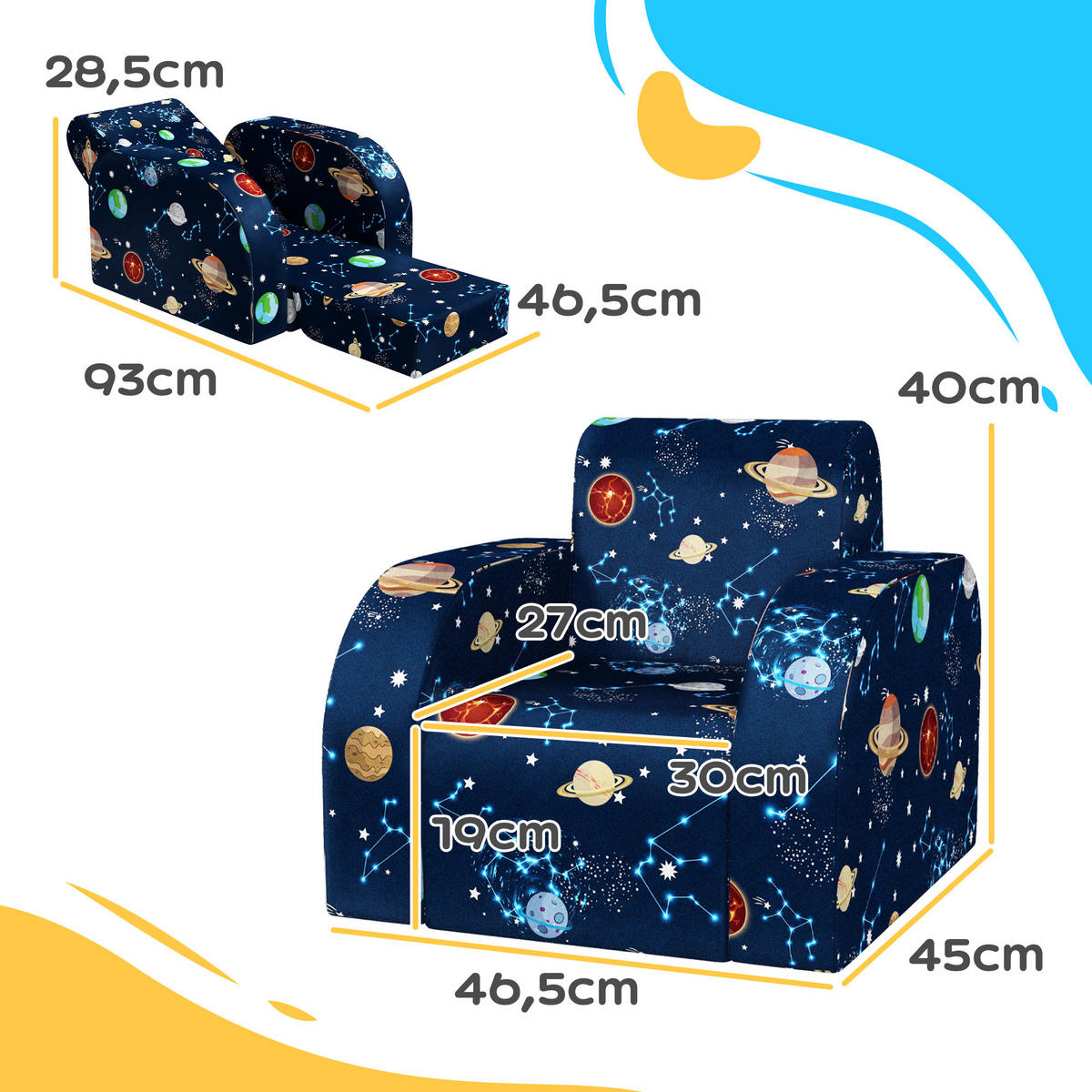 KINDERSESSEL, Schaumstoff, Blau, 46,5L x 93B x 28,5H cm - Blau, Metall (93/28.5/46.5cm) - AIYAPLAY