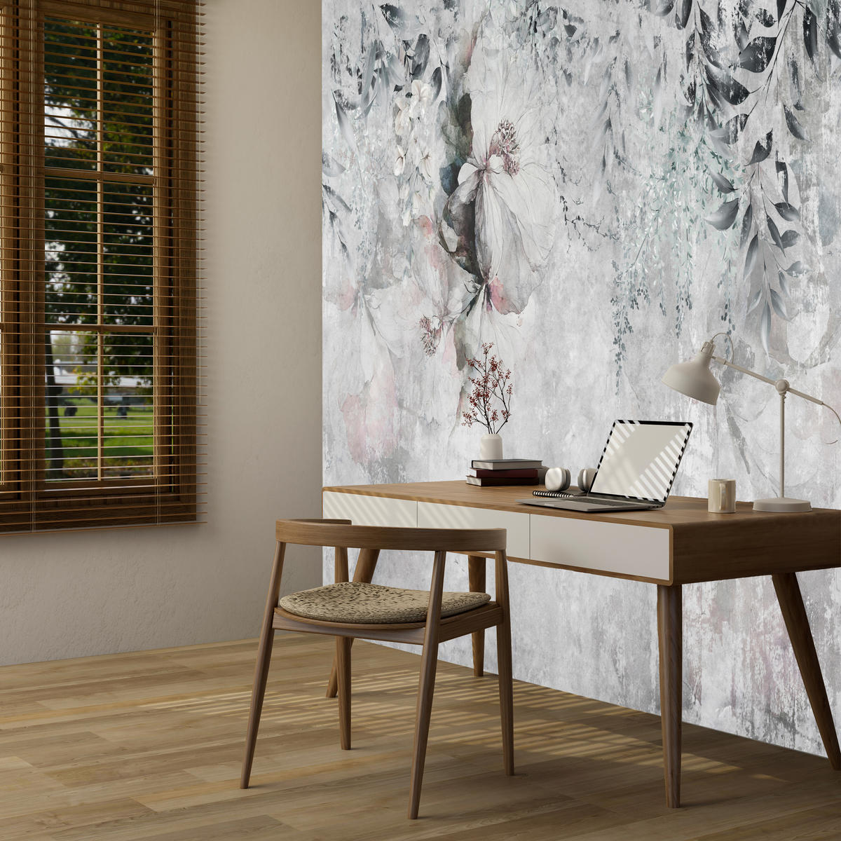 FOTOTAPETE für Büro Zarte Blätter Grau Betonwand Blumen Natur 450x315 - Grau, Papier (450/315cm) - Muralo
