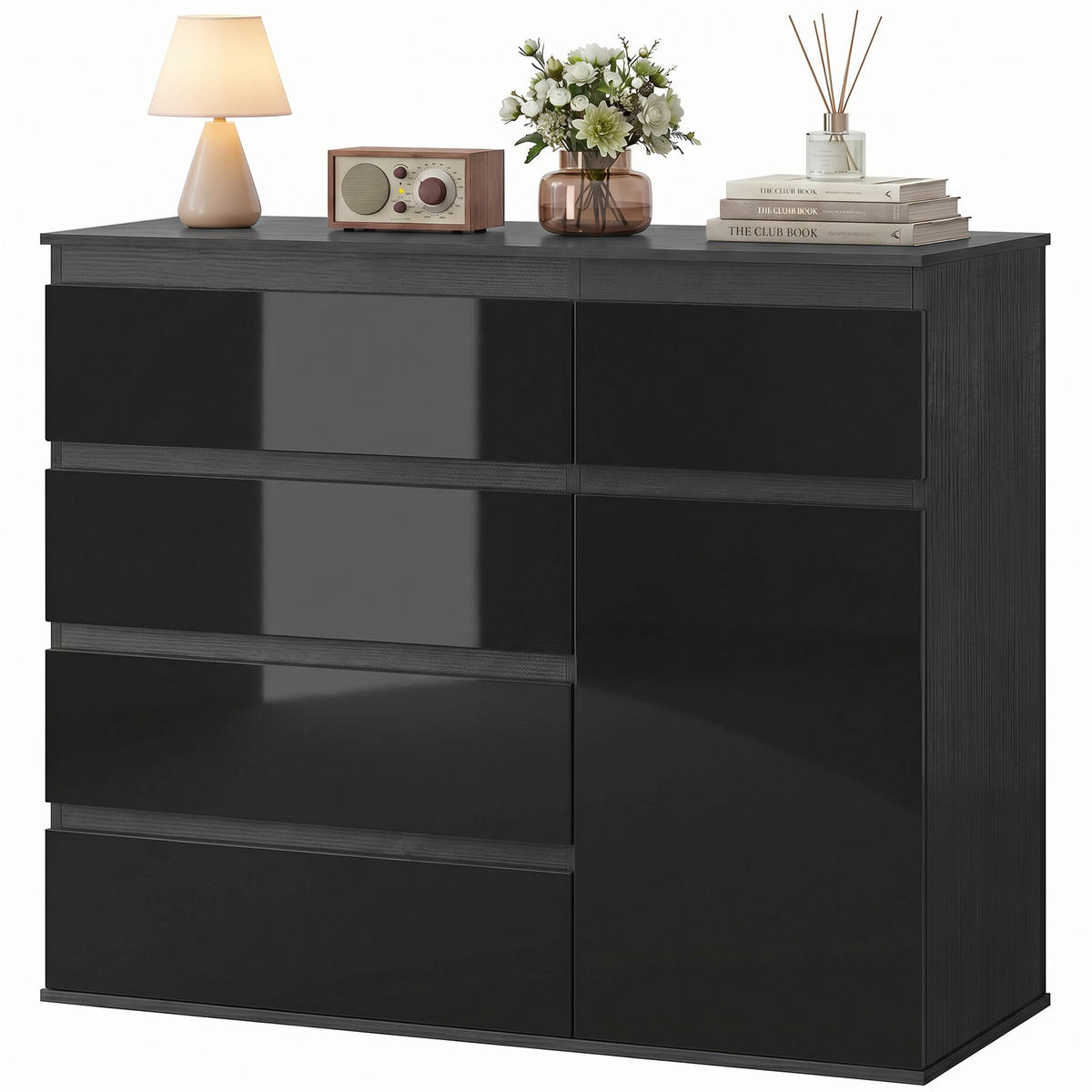 SIDEBOARD Schwarz Hochglanz mit 5 Schubladen und Soft-Close-Tür - Schwarz, Holzwerkstoff (100/80/40cm) - PANGIVO
