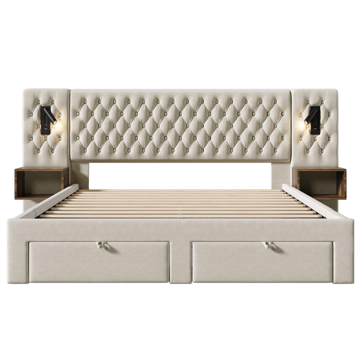 POLSTERBETT 160/200 cm Beige mit Nachttischen und USB-Ladefunktion Ohne Matratze - Beige, Textil (160/200cm) - OKWISH