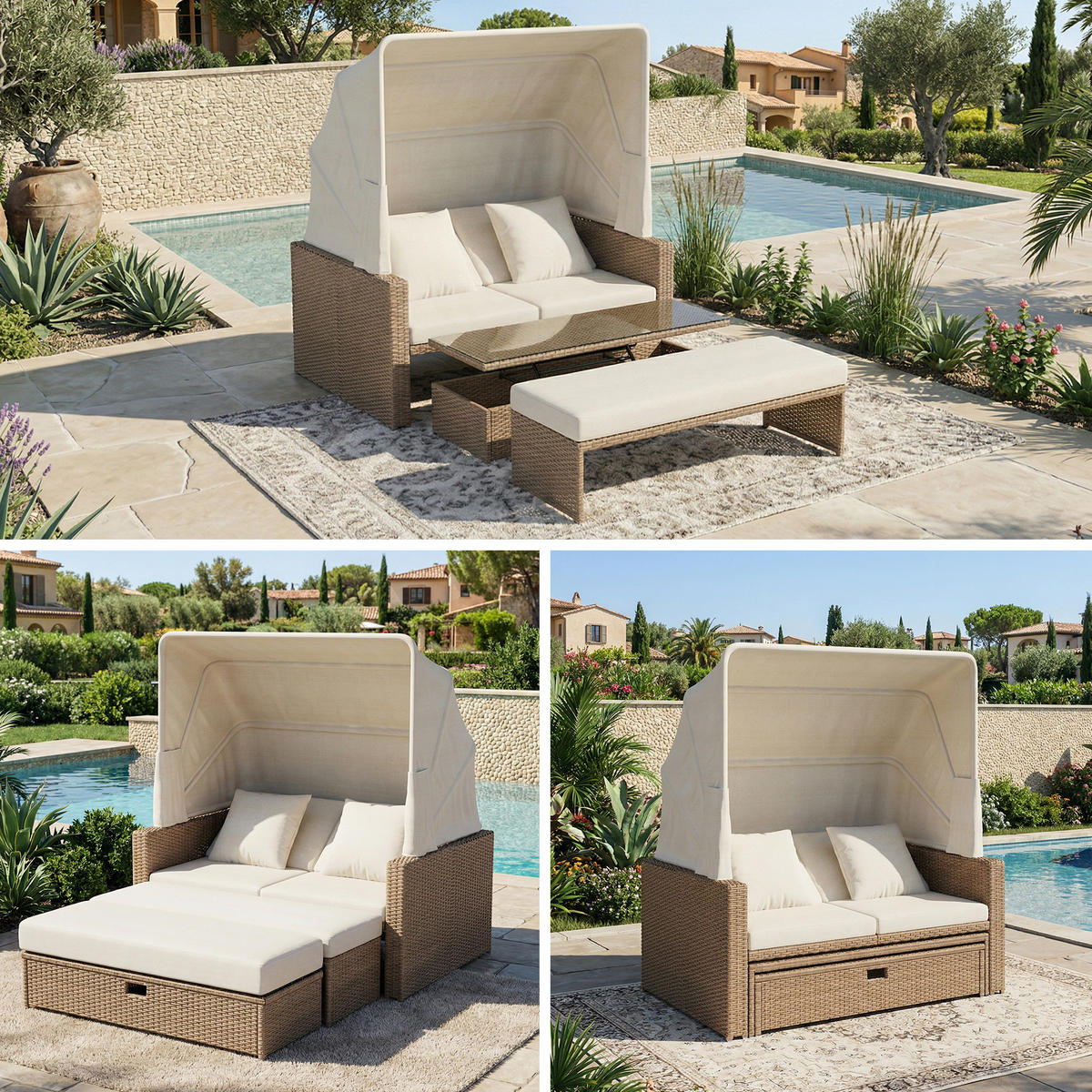 GARTENLOUNGE 136/94/142 cm khaki aus PE-Rattan und Polyester mit Markise und höhenverstellbarem Tisch - Beige, Metall - OKWISH