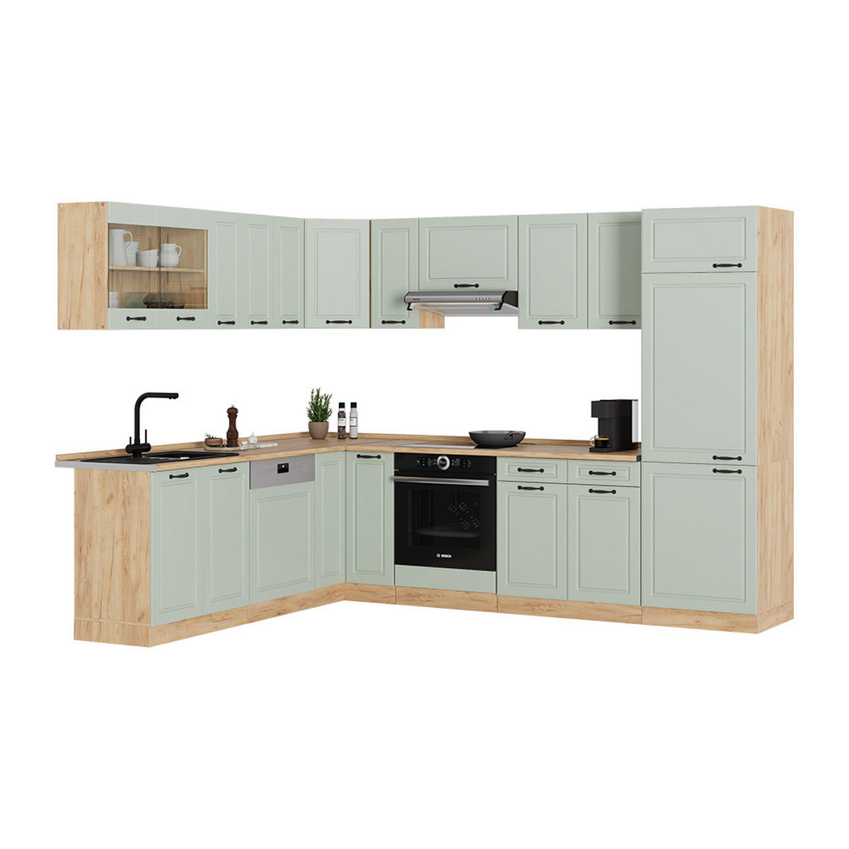 ECKKÜCHE R-Line, Mint Landhaus/Goldkraft Eiche, 287 x 227 cm - Honigeiche/Grün, Holzwerkstoff (287/206.8/60cm) - Vicco