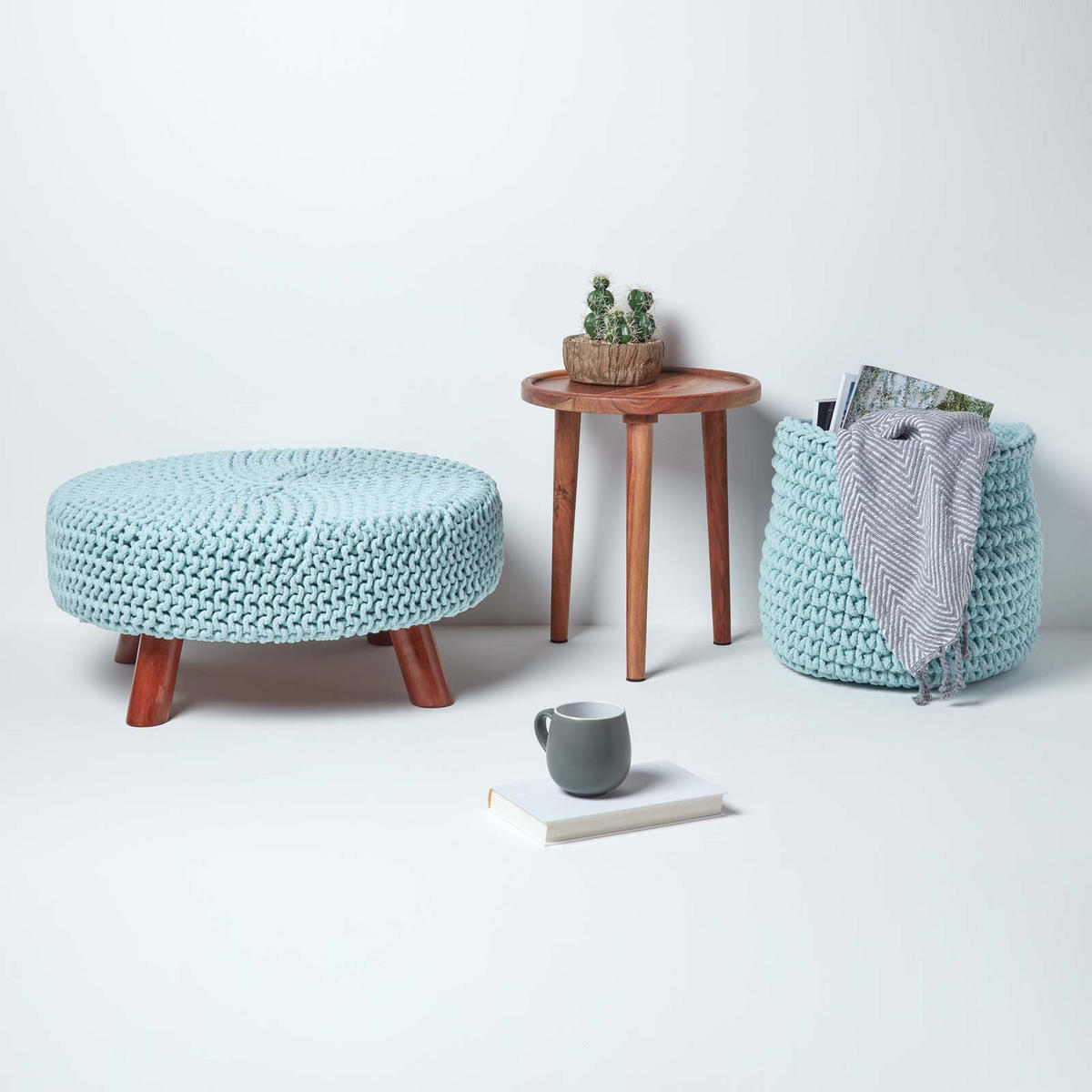 STRICK-HOCKER pastellblau, rund 62/62/30 cm - Hellblau, Textil (62/30/62cm) - Homescapes