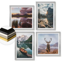 WANDBILDER 4er Set - 50x50 cm & 40x60 cm Silberner Rahmen - Bergsee, Bootsfahrt, Sonnenuntergang, Hirsche - Silberfarben, Kunststoff (50/50cm) - ArtPrintCave