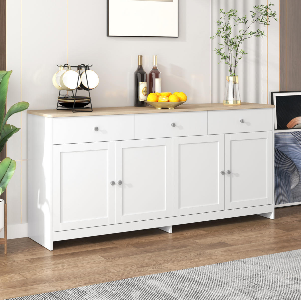 SIDEBOARD 160/37/75 cm weiß/Holzfarbe aus MDF mit 3 Schubladen - Weiß, Holzwerkstoff (160/75/37cm) - OKWISH
