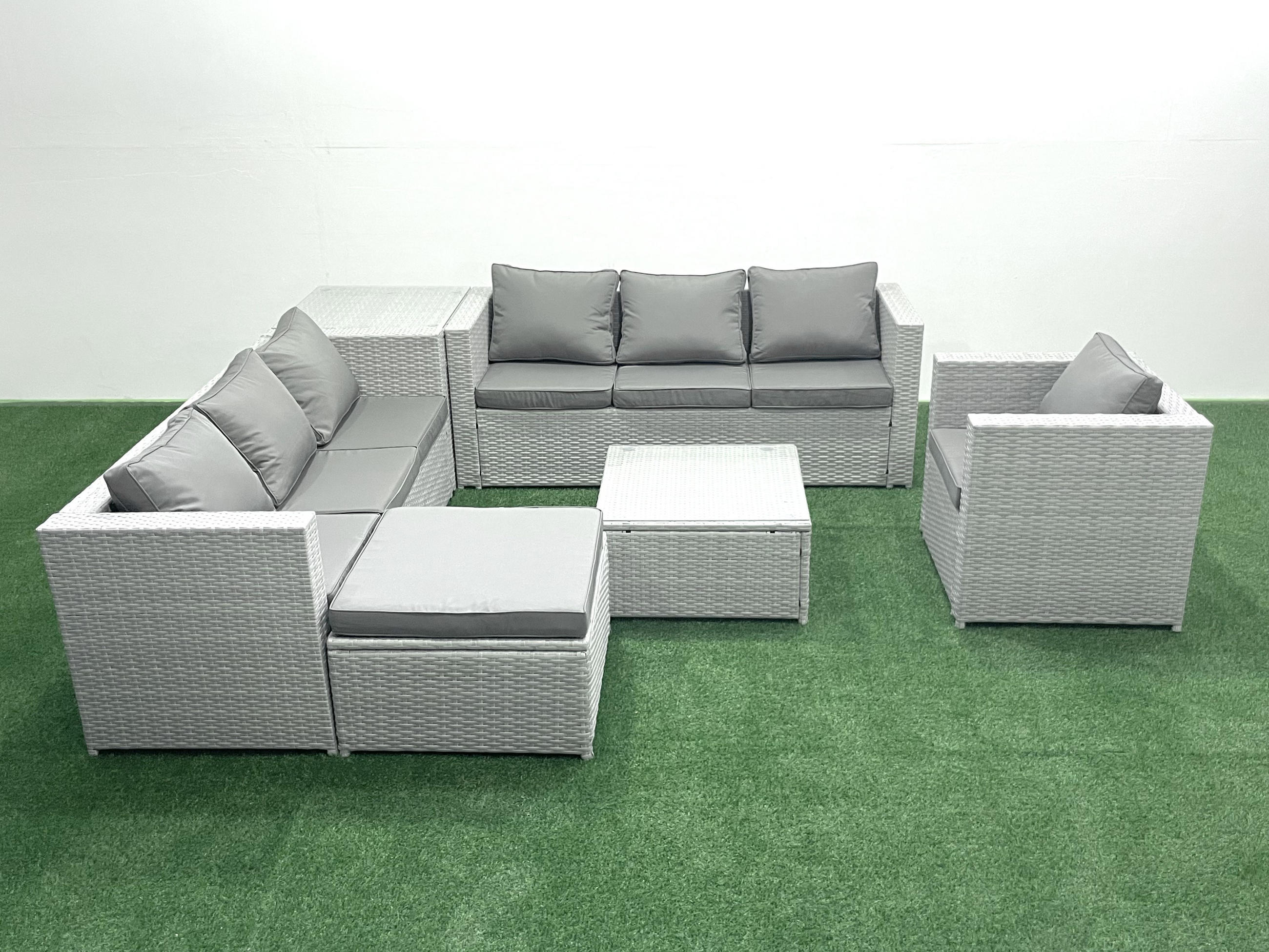 GARTENMÖBEL-SET mit Kissen Polyrattan Hellgrau-Mix 8-Sitzer - Hellgrau/Grau, Glas/Kunststoff - Fimous