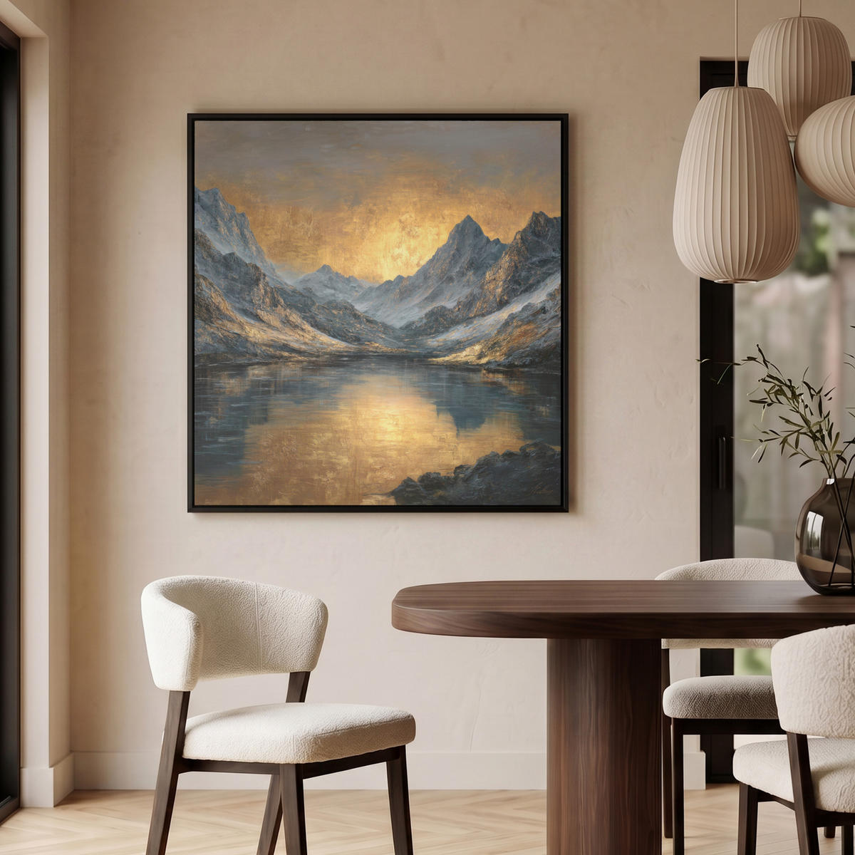 LEINWAND Bilder mit Rahmen - Bergkulisse mit goldenem Sonnenuntergang - 90x90 - Goldfarben, Textil (90/90cm) - MuchoWow