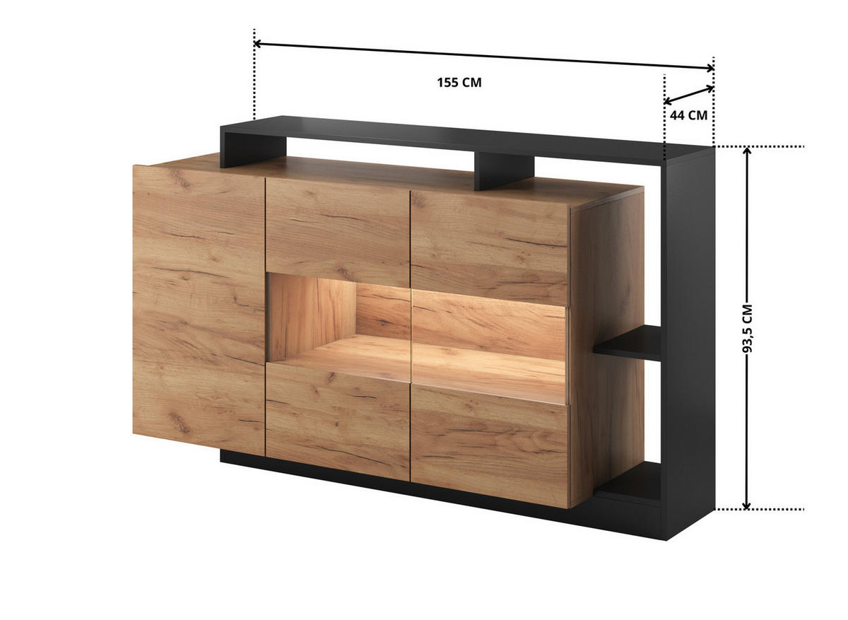 SIDEBOARD Panzo Craft Eiche / Anthrazit - 155 cm - Grifflos - Eichefarben/Anthrazit, Holzwerkstoff (155/93/44cm) - Ravio