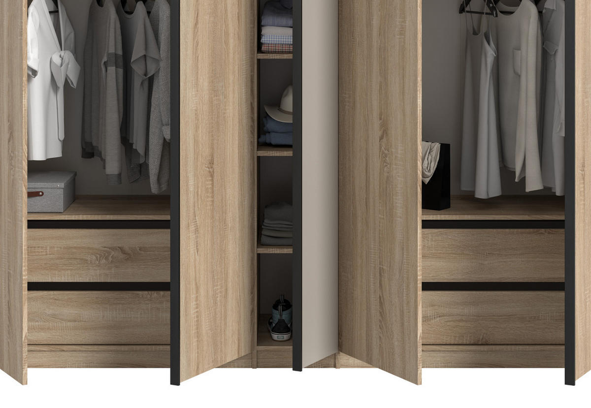 KLEIDERSCHRANK Eiche Sonoma, Kaschmir 5-türig 230 x 183 cm, Drehtürenschrank mit 2x Schubkasteneinsatz - Kaschmir/Eichefarben, Holzwerkstoff/Kunststoff (230/183/53cm) - Inn.Furn