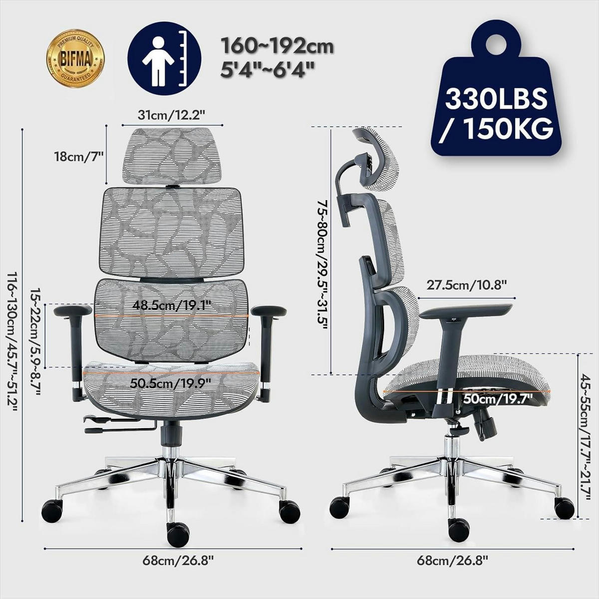BÜROSTUHL Grau Gestreift - Grau, Textil (68/130/68cm)