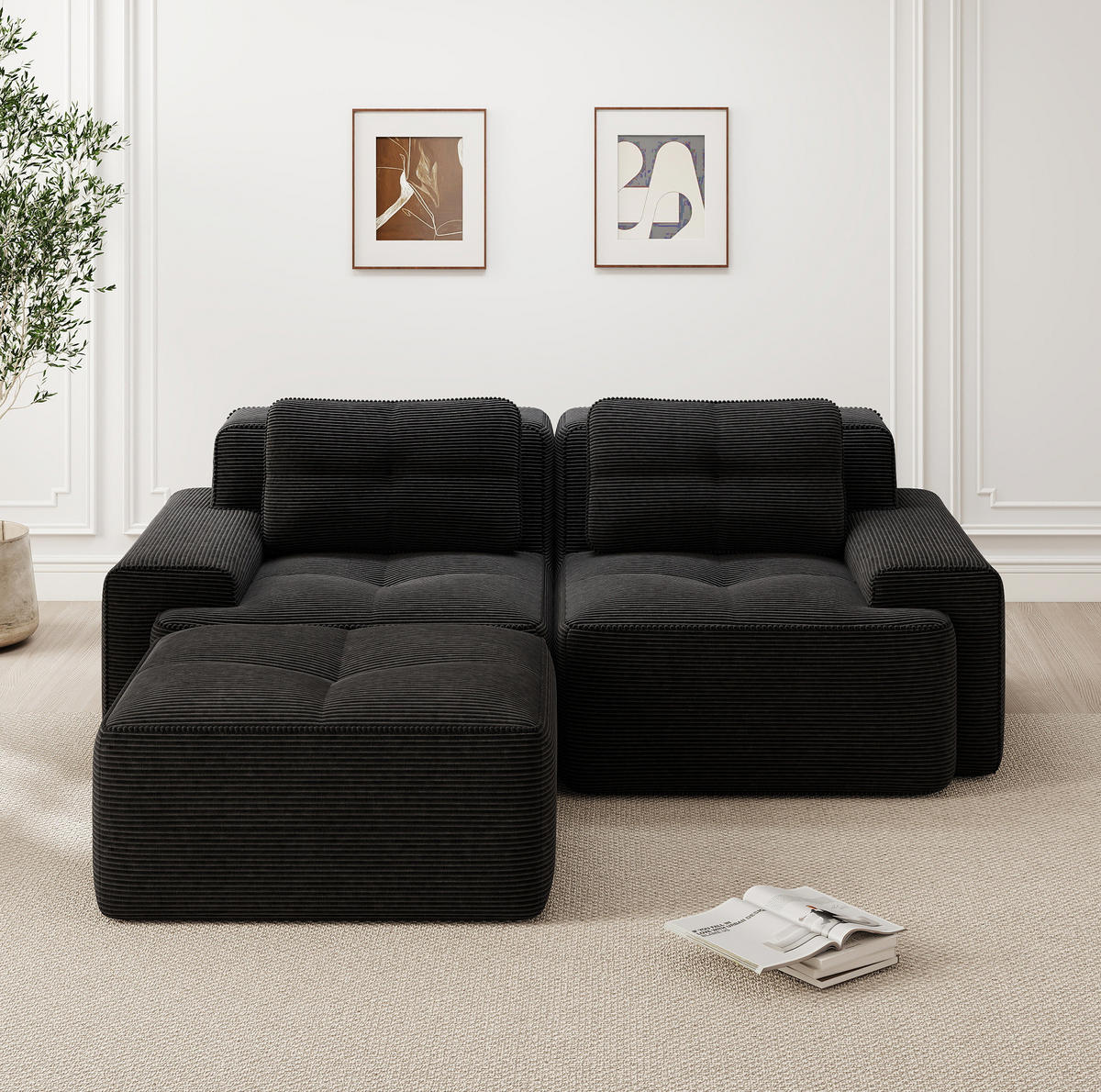 SOFA modular mit Tiefsitz Corduroy Black - Schwarz, Kunststoff (177/204cm) - Meubliv