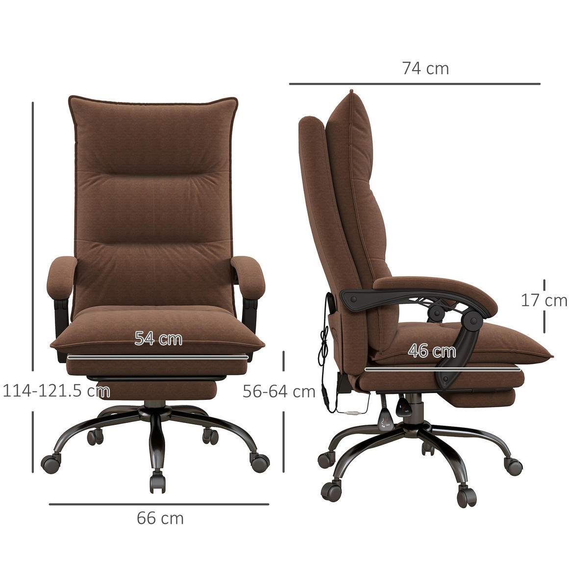MASSAGE-BÜROSTUHL, Mikrofaser, Braun - Braun, Kunststoff (74/121.5/66cm) - Vinsetto