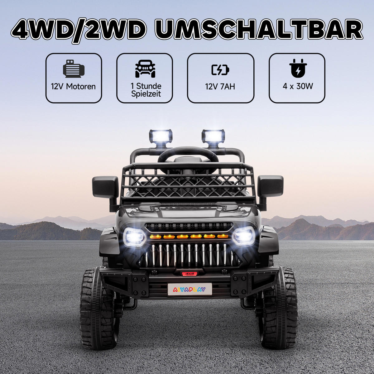 ELEKTRISCHES Kinderauto 12V, mit Anhänger, LED-Lichtern, Musik und Hupe, für Kinder im Alter von 3-8 Jahren, Schwarz - Schwarz, Kunststoff/Metall (122/62.5/65cm) - AIYAPLAY