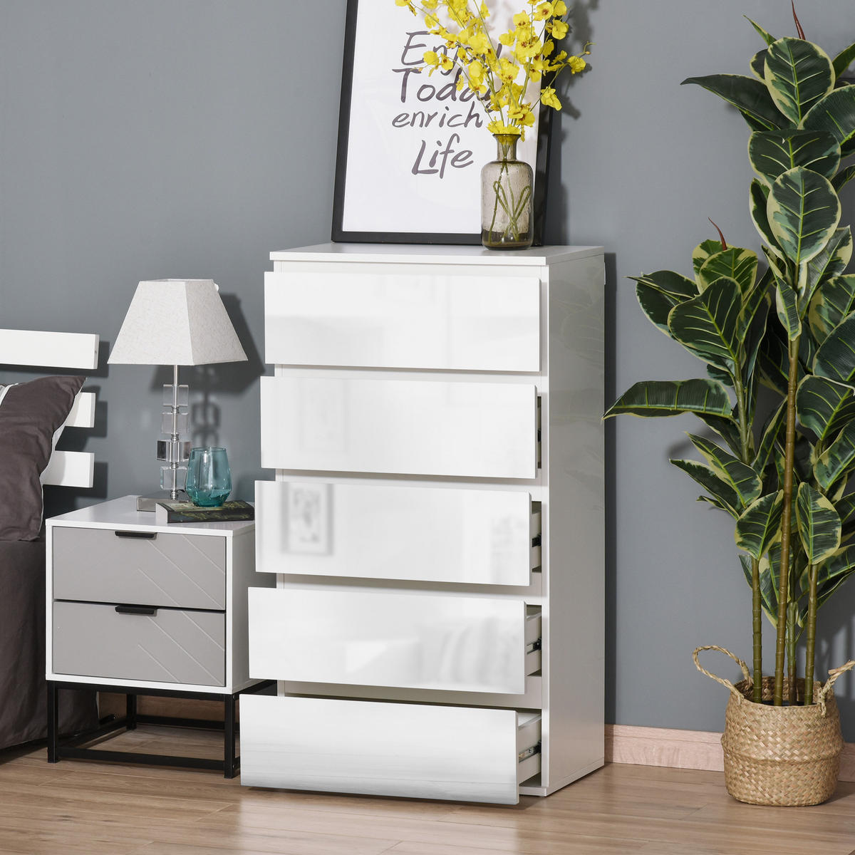 KOMMODE Schubladenschrank Sideboard mit 5 Schubladen, Weiß, 55 x 34 x 100 cm - Weiß, Holzwerkstoff (55/100/34cm) - HOMCOM