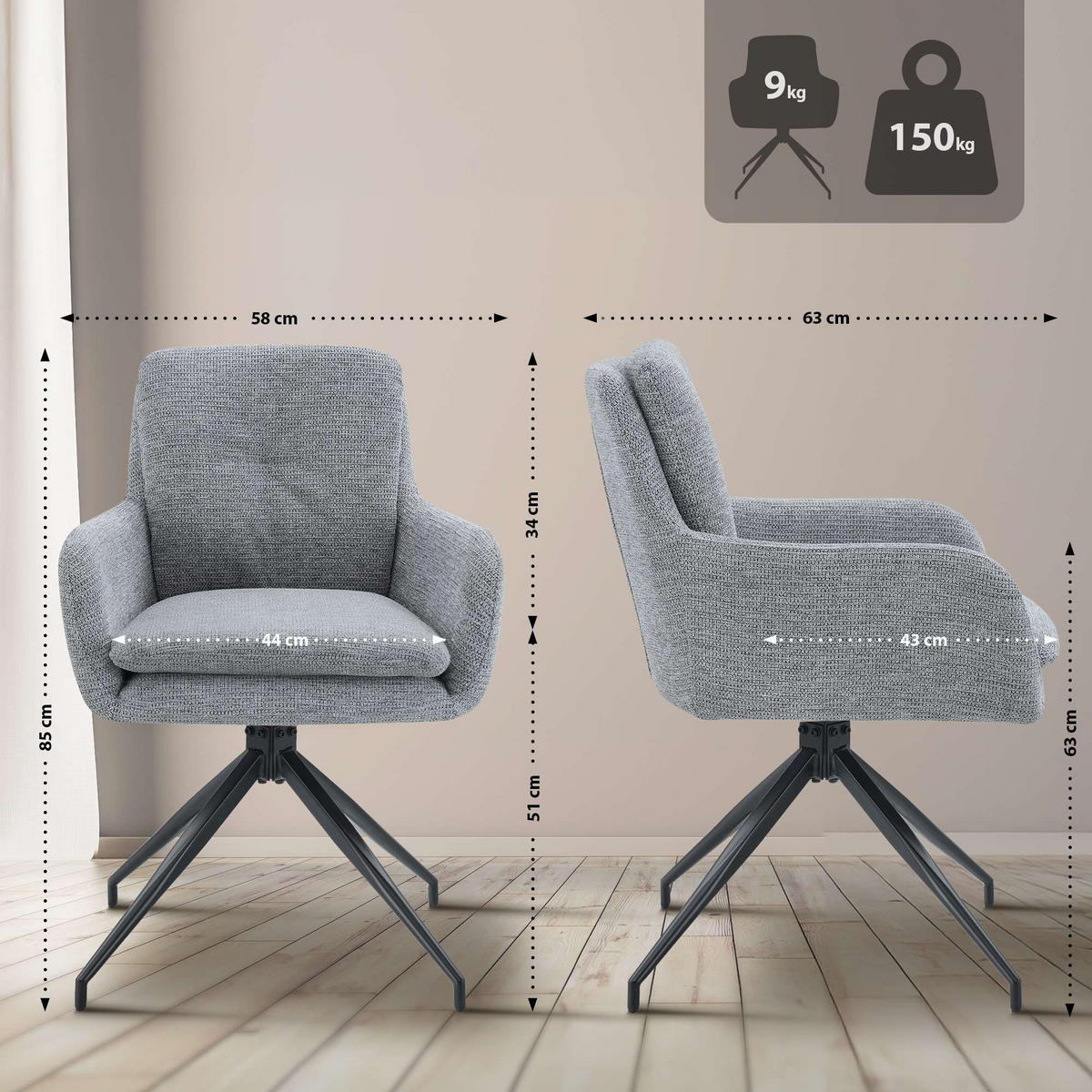 ESSZIMMERSTUHL 2er Set Stoff Grau - Schwarz/Grau, Textil/Metall (58/85/63cm) - CLP