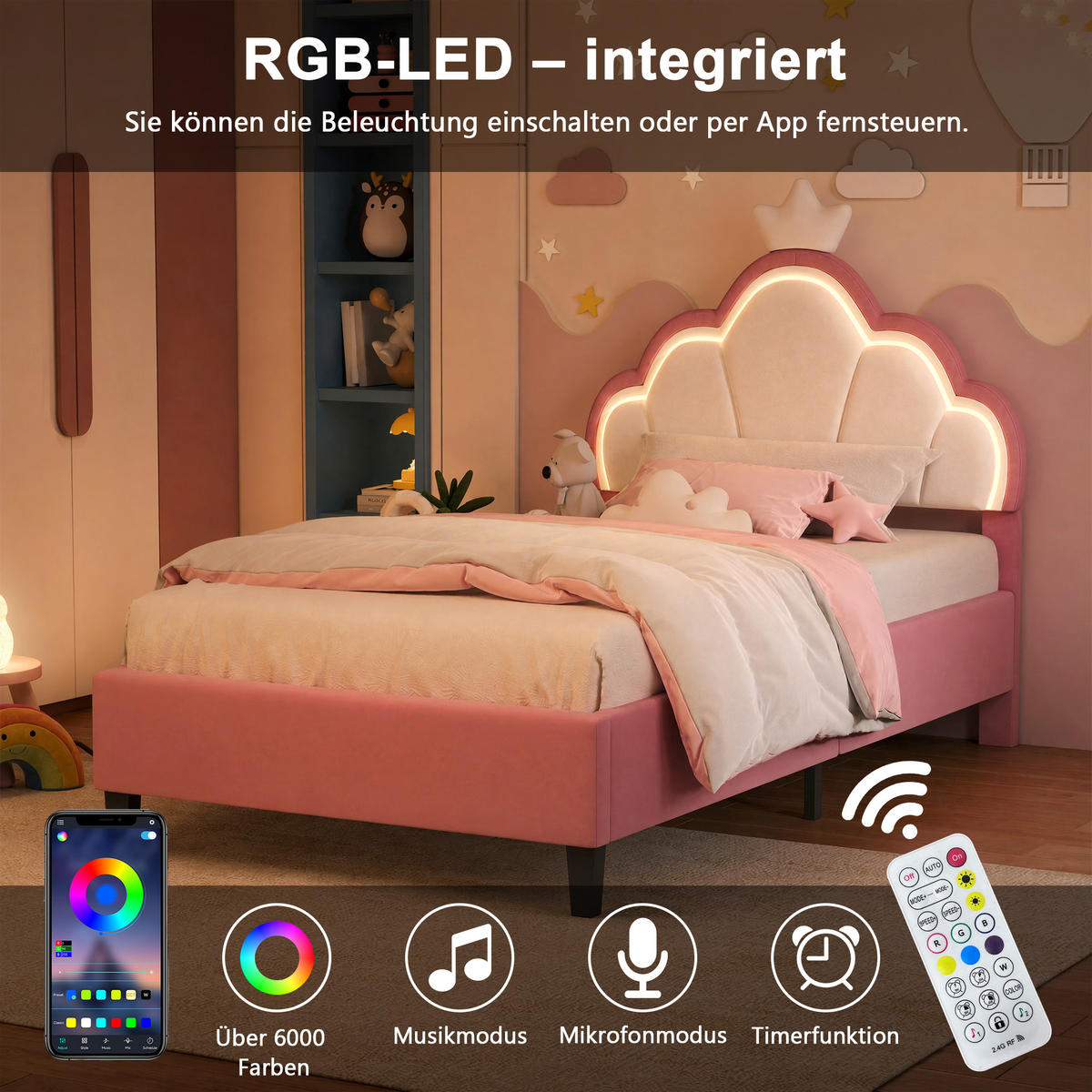 POLSTERBETT 90x190 cm mit höhenverstellbarem Kopfteil & RGB-LED – Kinderbett Bettgestell für Mädchen, Samt, Rosa - Pink, Holz/Metall (90/190cm) - BursDany