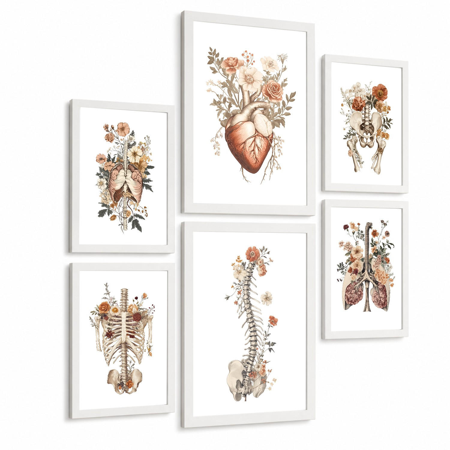 POSTER Set aus 6 Anatomie Mensch Florale Aquarell Drucke und mit Gehirn Lungen Skelett Nieren und Organen Botanische Größe Weißer Rahmen A3 & A4 - Weiß, Papier (21/29.7/3cm) - Nacnic