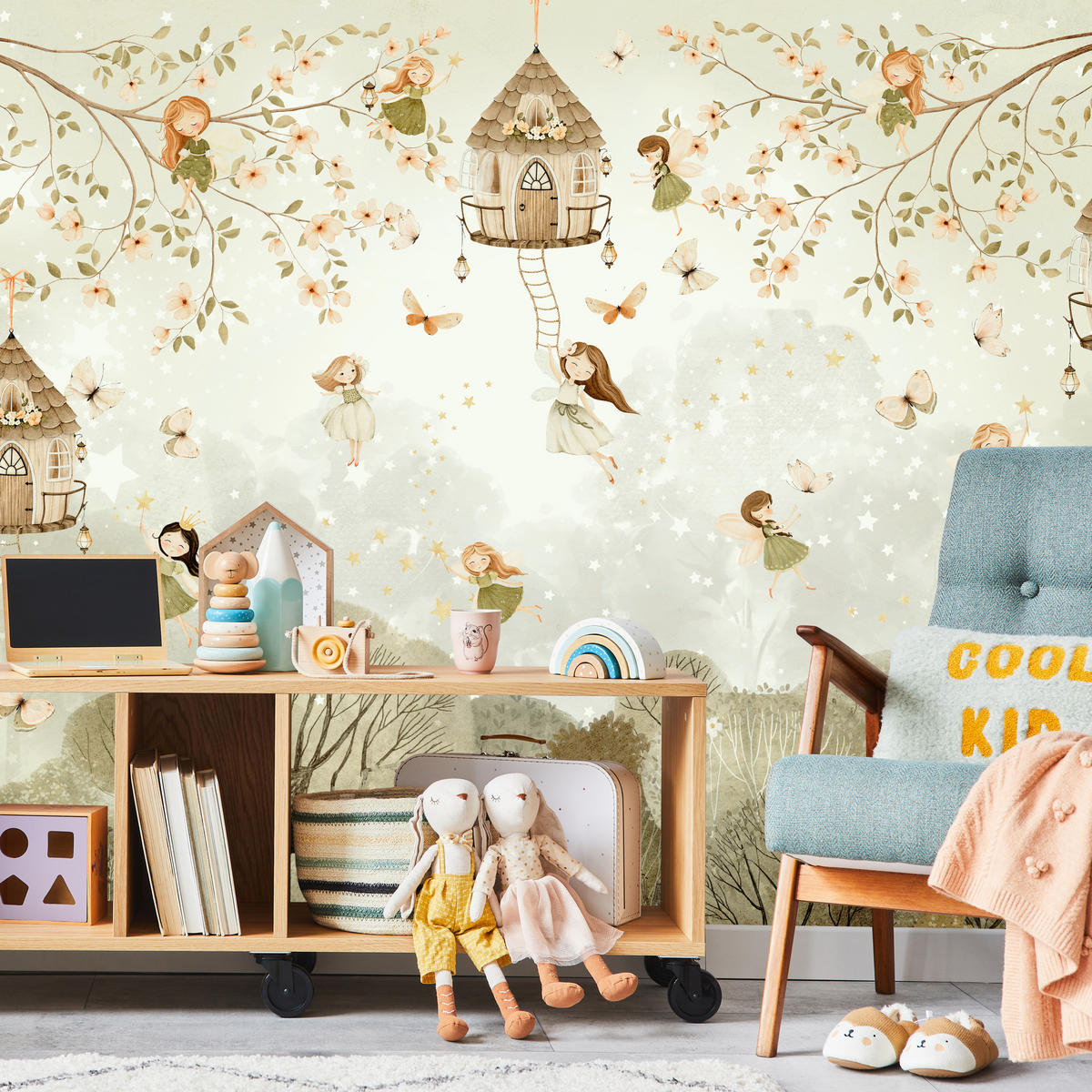 FOTOTAPETE für Kinderzimmer Waldfeen Blumen Sterne Schmetterlinge Baum 400x280 - Beige/Orange, Papier (400/280cm) - Muralo