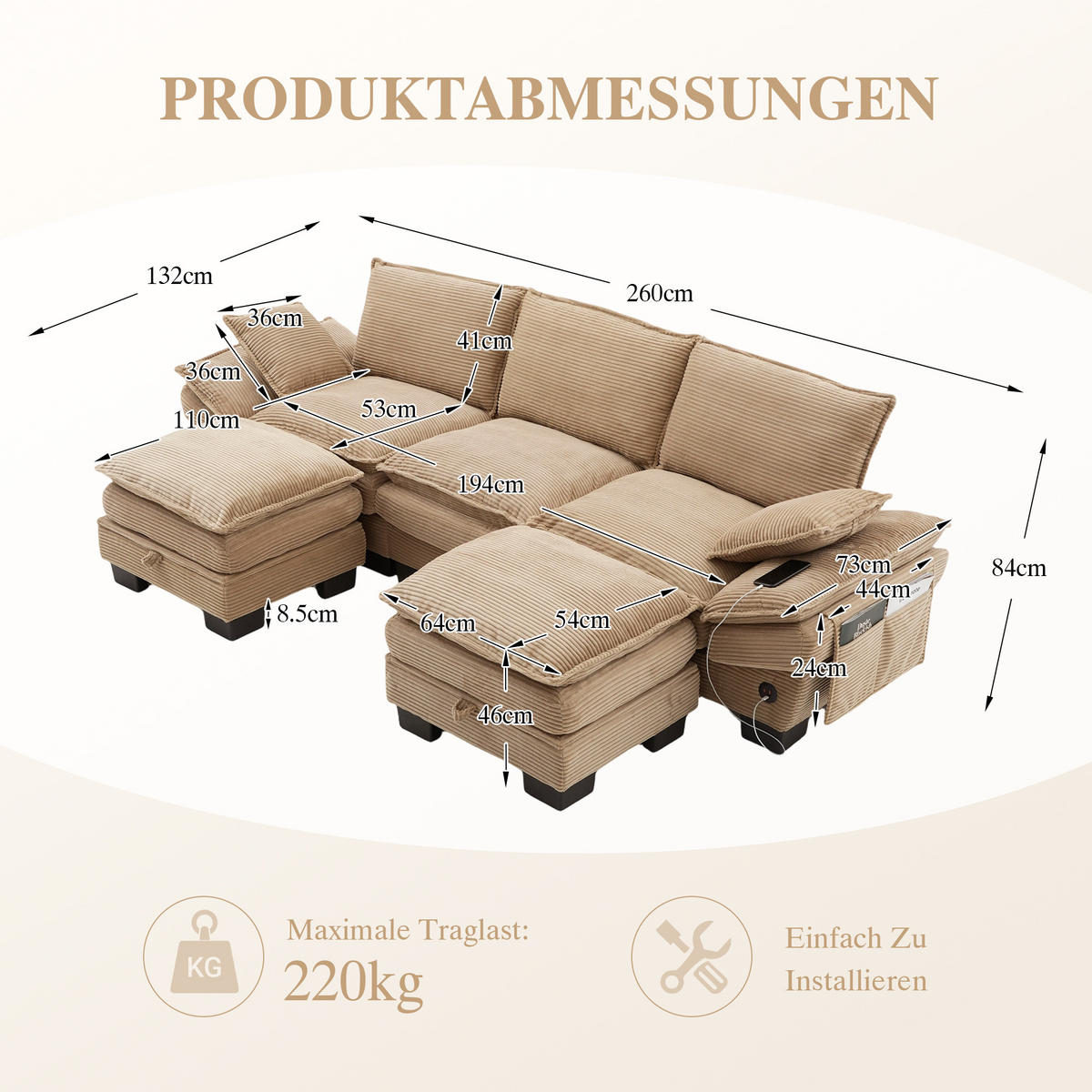 3-SITZER Sofa aus Corduroy 260x132x84 cm mit 2 Hockern & USB-C, beige - Beige, Textil (132/84/260cm)