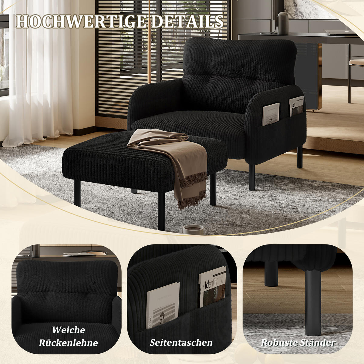 SESSEL Loungesessel,Polstersessel,Cord,Schwarz - Schwarz, Textil (67/79/75cm) - LVHOM