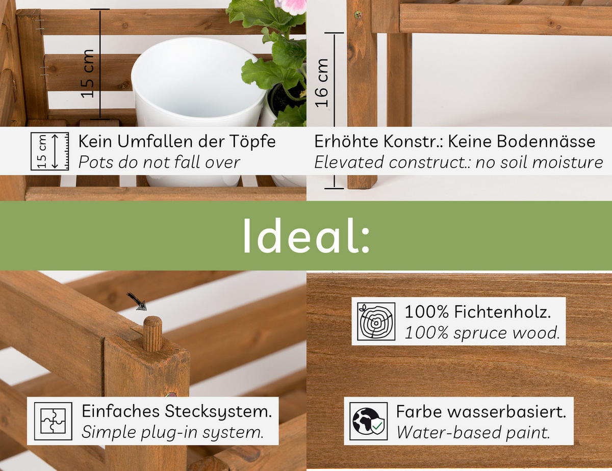 PFLANZENSTÄNDER multifunktional 3-fach, aus Holz wetterfest für Indoor & Outdoor - Braun, Holz (122/51/23cm) - needs&wants
