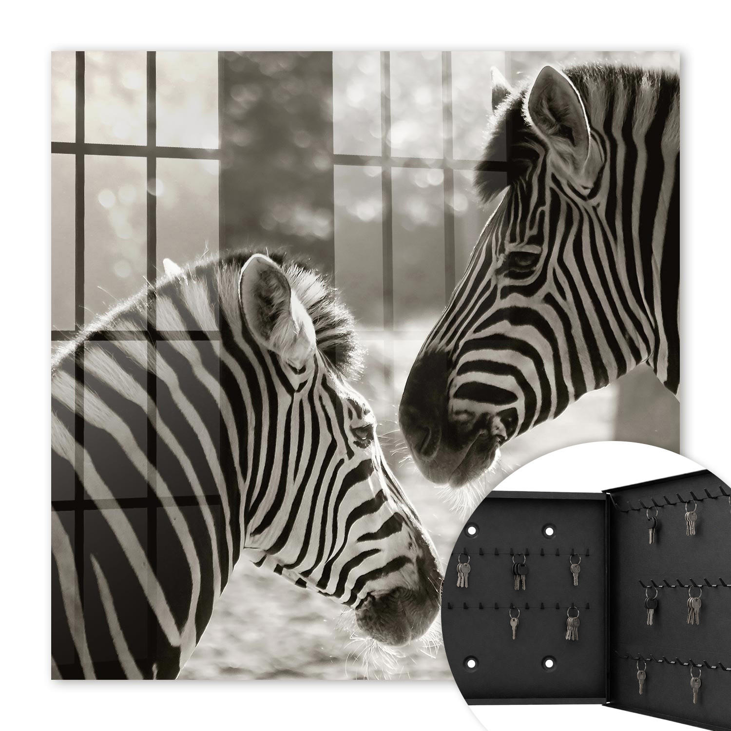 SCHLÜSSELBOX Schwarz 30x30 cm- Türöffnung nach rechts - Zebras zusammen - Multicolor, Metall (30/30/5cm) - TULUP