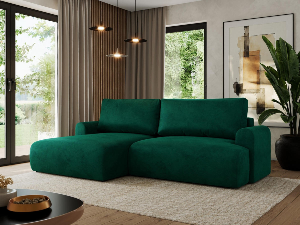 ECKSCHLAFSOFA TONO L Dunkelgrün Velvet - links - Dunkelgrün/Schwarz, Kunststoff/Textil (260/150cm) - MKS