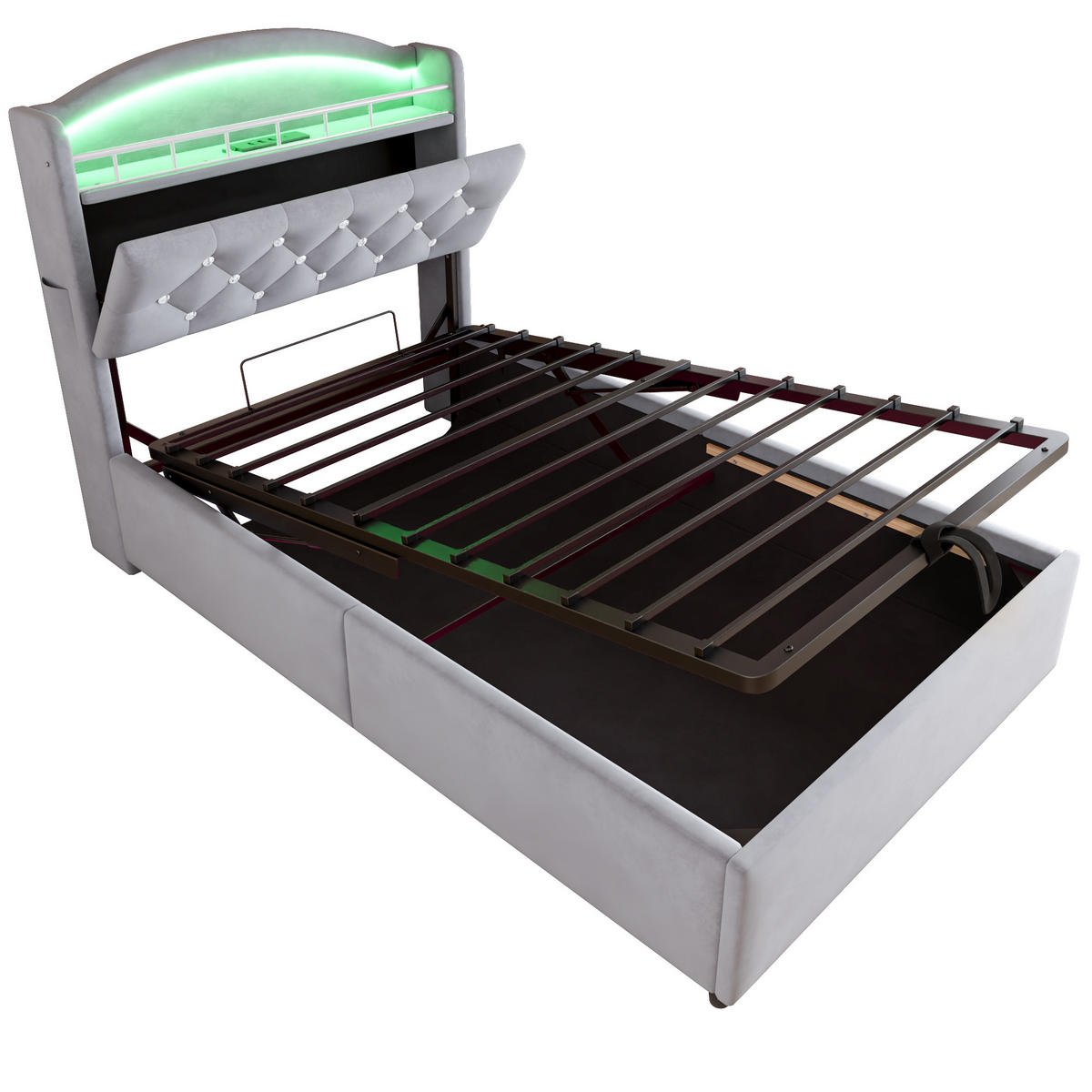 POLSTERBETT 90/200 cm grau mit Stauraum und LED-Beleuchtung - Grau, Textil (90/200cm) - OKWISH