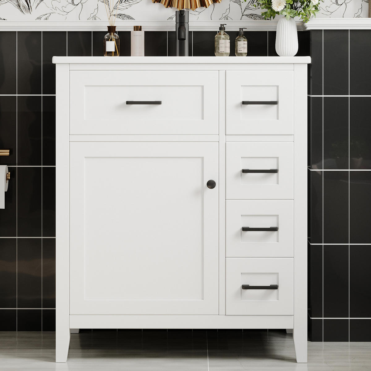 BADEZIMMERWASCHTISCH mit Keramikbecken und 4 Schubladen - Weiß, Holz/Metall (76/90/46cm) - PARAFTA HOME