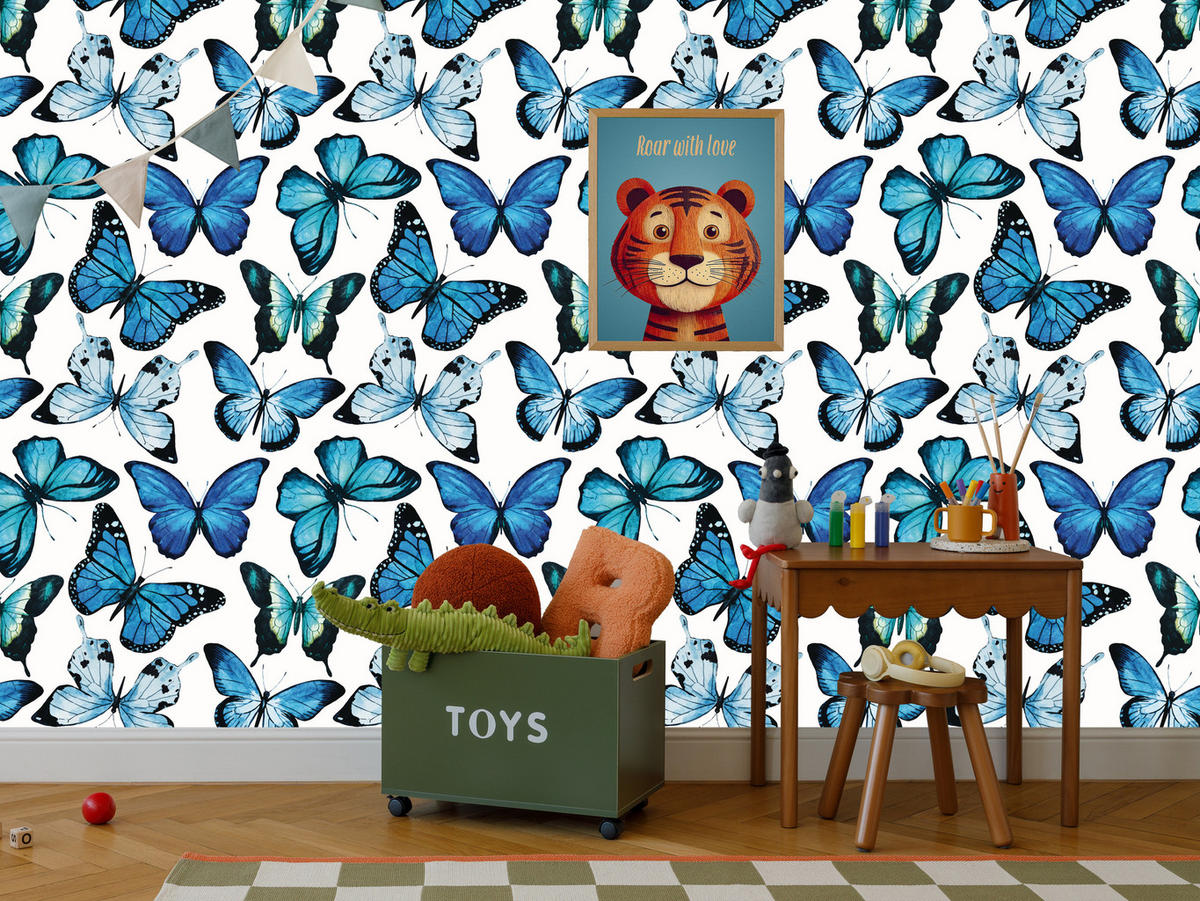 VLIESTAPETE Schmetterlinge im Boho-Stil – Blau, Weiß – 50x1000 cm - Blau/Weiß, Papier (50/1000cm) - Muralo