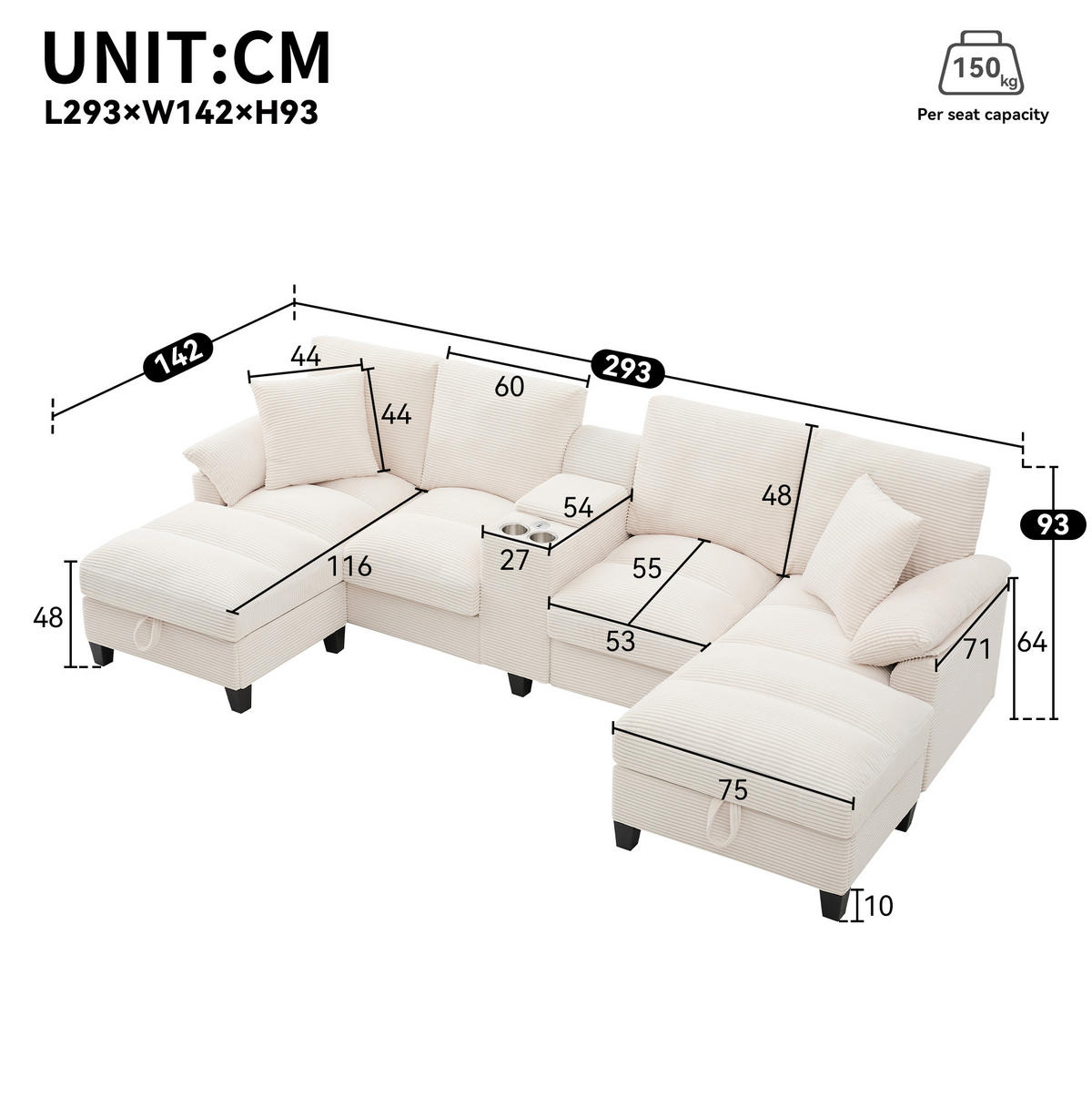SEDACIA zostava, 293/142/93 cm, menčester béžová, do U s úložným priestorom a USB - béžová, textil (93/293/142cm) - BEAOK