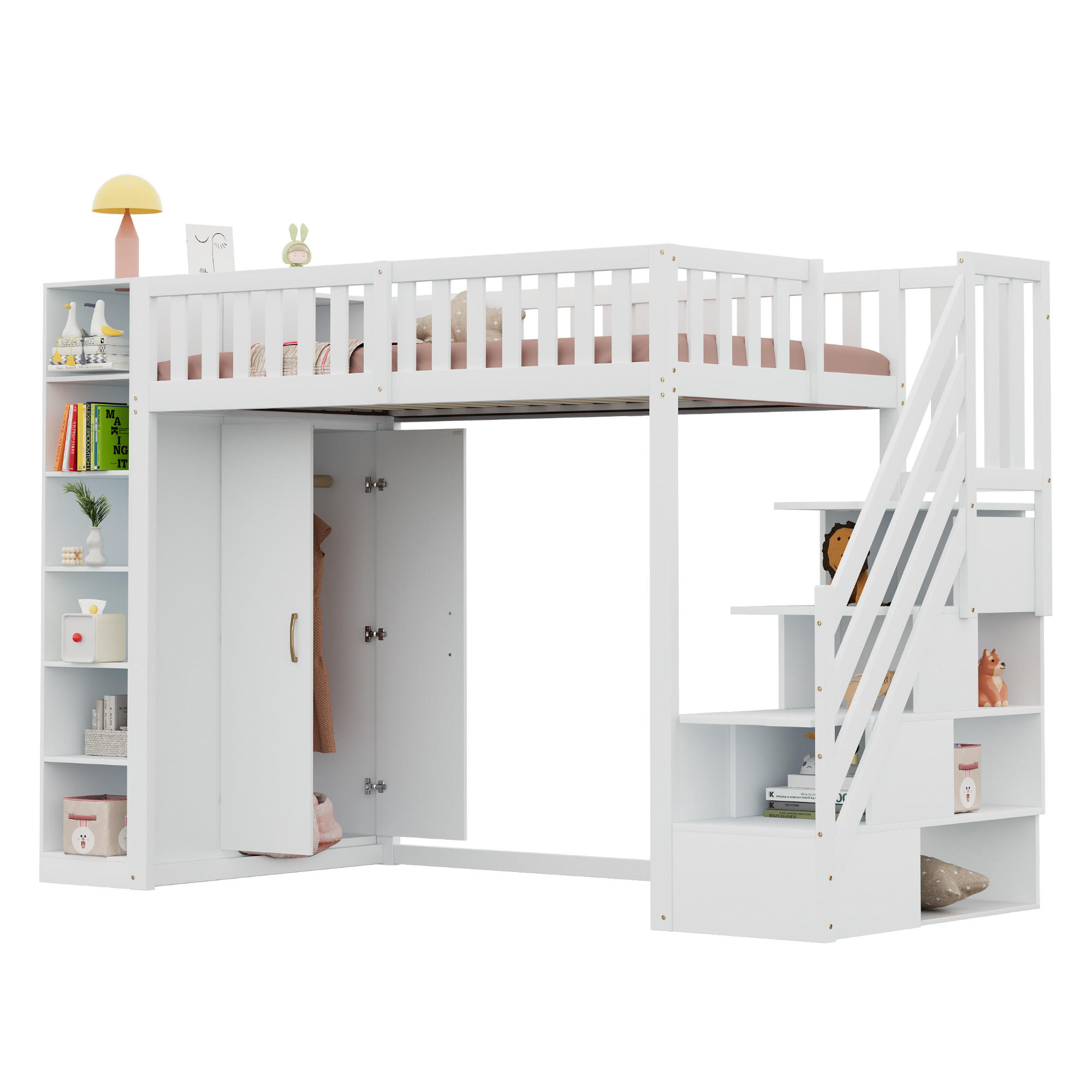 STILVORA HOCHBETT 90/200 cm in Weiß Kinderbett mit Regalen, Kleiderschrank und Schubladen