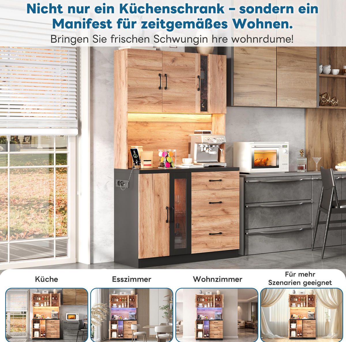 BUFFETSCHRANK 105/40/180 cm mit LED-Beleuchtung, Steckdose, verstellbaren Einlegeböden aus MDF, Neutral - Naturfarben, Holzwerkstoff (105/180/40cm) - Redom