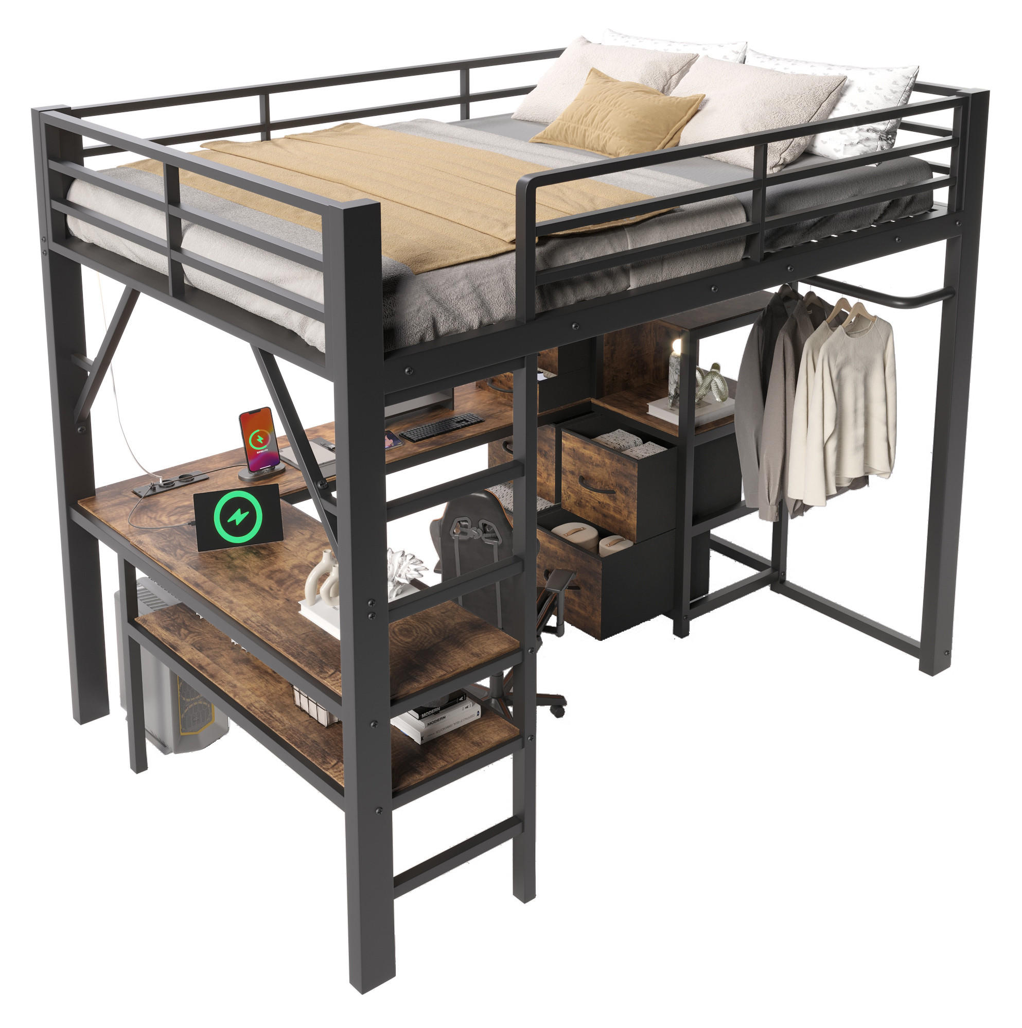 HOCHBETT aus Metall und MDF 140x200 cm Vintage-Braun-Schwarz mit Schreibtisch, LED und 7 Stoffschubladen - Schwarz, Metall (140/200cm) - Modfu
