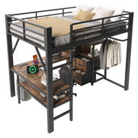 HOCHBETT aus Metall und MDF 140x200 cm Vintage-Braun-Schwarz mit Schreibtisch, LED und 7 Stoffschubladen - Schwarz, Metall (140/200cm) - Modfu