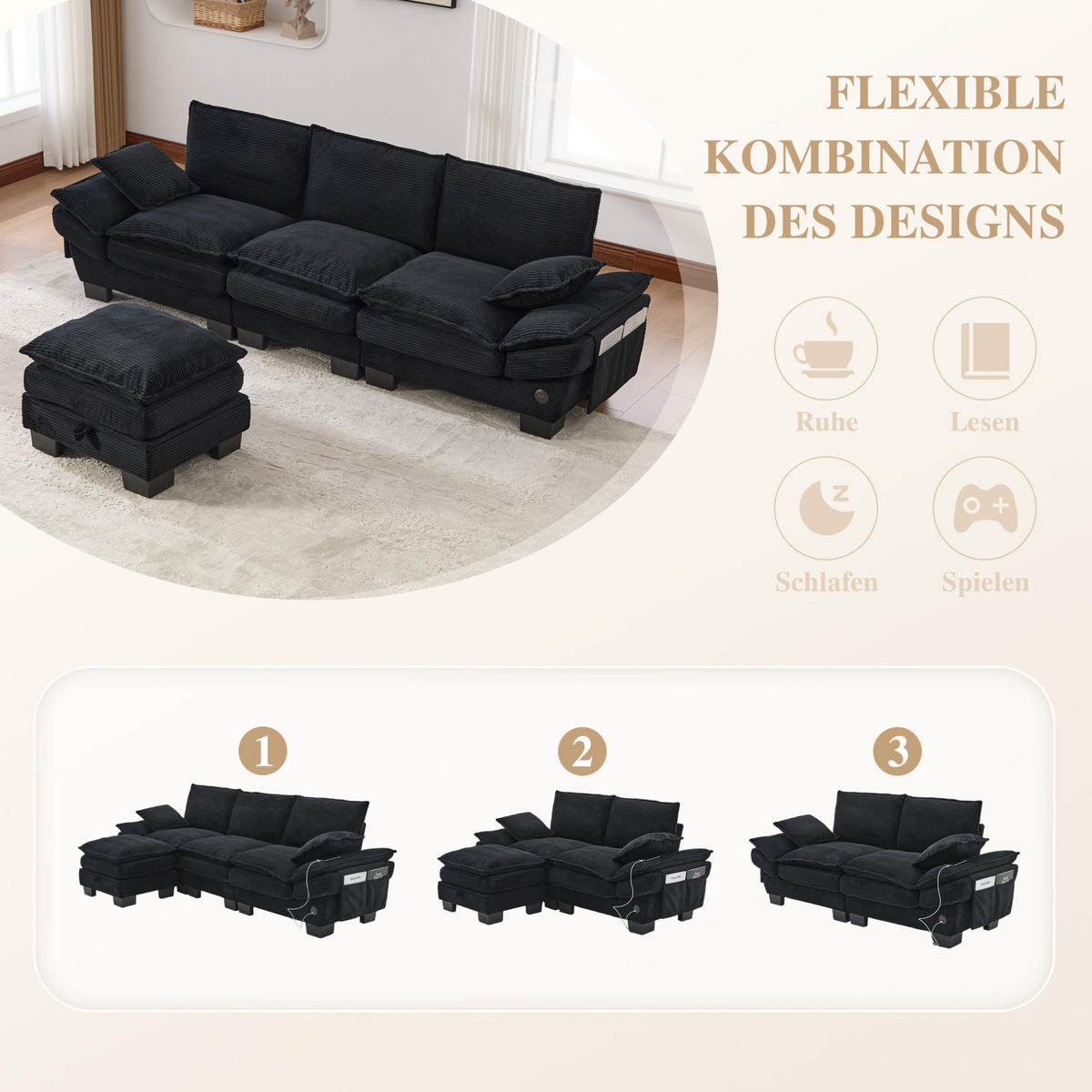 ECKSOFA 260/132/84 cm schwarz aus Cord mit Hocker und USB-C - Schwarz, Textil (132/260cm) - OKWISH