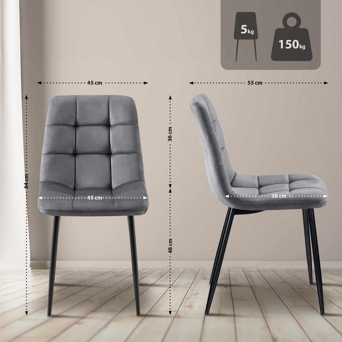 STUHL Samt Dunkelgrau - Dunkelgrau, Textil/Metall (45/84/55cm) - CLP