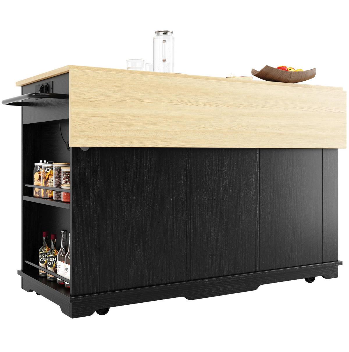 KÜCHENINSEL 151,5/59,7/91,7 cm schwarz mit Steckdosen und klappbarer Tischplatte - Schwarz, Holzwerkstoff (151.5/91.7/84.7cm) - OKWISH