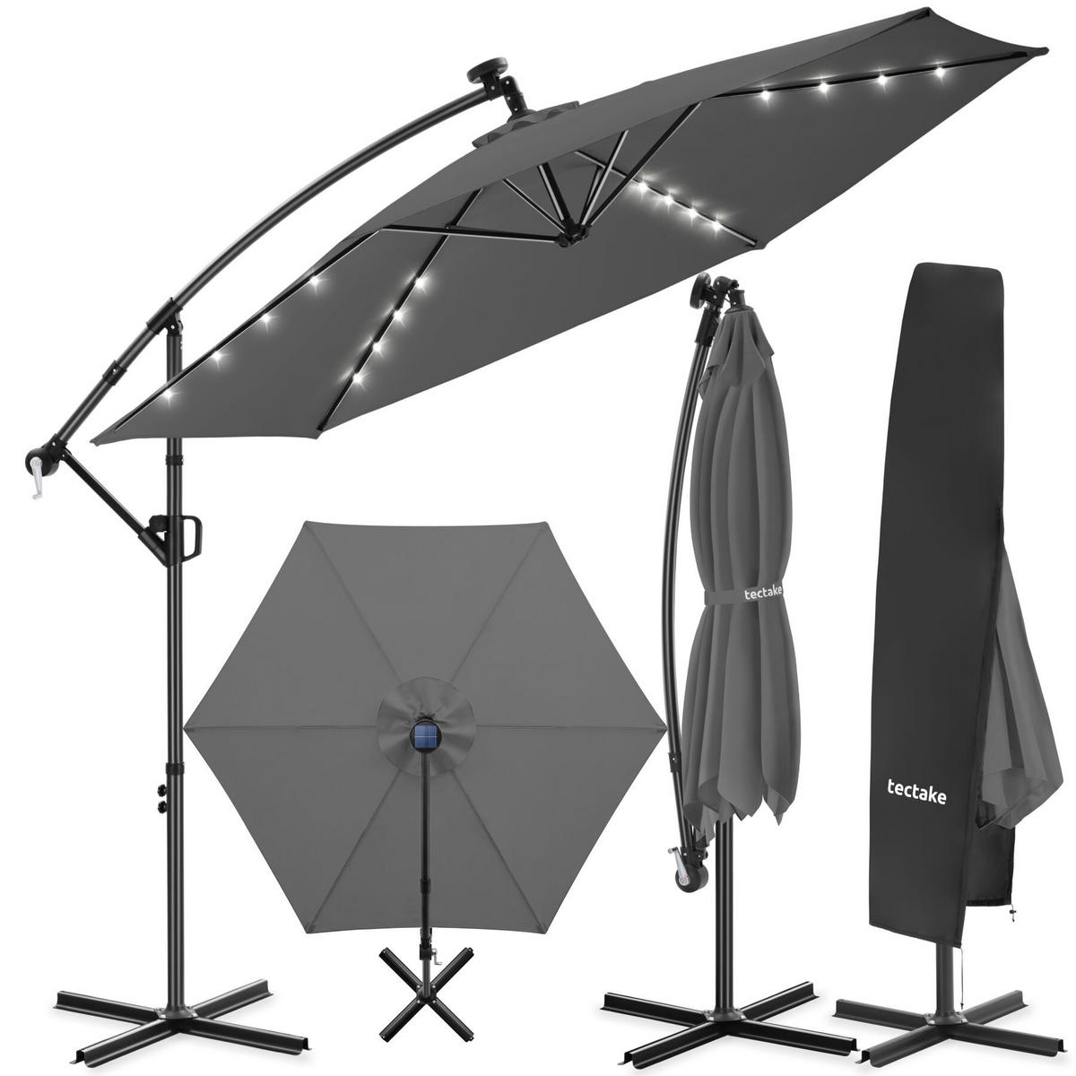 AMPELSCHIRM Artemis, mit LED Solar-Beleuchtung, inkl. Schutzhülle, grau - Grau, Metall (300/291cm) - tectake