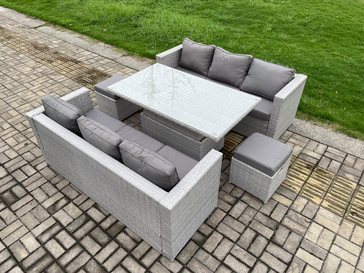 GARTENMÖBEL SET mit höhenverstellbarer Tisch Polyrattan Helles Grau 8-Sitzer - Hellgrau, Metall - Fimous